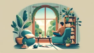 Uma pessoa meditando e contemplando a natureza, cuidando da mente, como uma ação que transforma o mundo