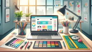 Clipart de um ambiente de trabalho mostrando o que faz um web designer