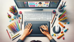 Um freelancer em home office à mesa trabalhando em web design