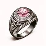 Anel do contabilista, com pedra turmalina rosa clara e um caduceu, símbolo da contabilidade