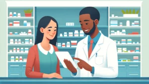 Um auxiliar de farmácia negro atendendo uma cliente
