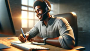 Um homem negro usando fone de ouvido com microfone, segurando um caneta na mão, faz anotações enquanto acompanha um curso de auxiliar de farmácia