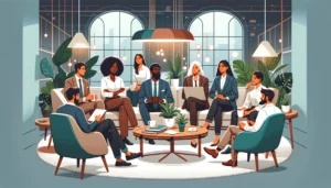 Um grupo de trabalho conversando em ambiente descontraído, com uma líder seguindo conceitos de "O monge e o executivo" Um grupo de trabalho conversando em ambiente descontraído, com uma líder seguindo conceitos de "O monge e o executivo"