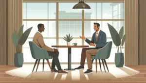 Duas pessoas conversando sobre feedback, seguindo conceitos de "O monge e o executivo"