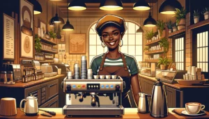 Uma operadora de loja está no balcão de uma cafeteria sorrindo