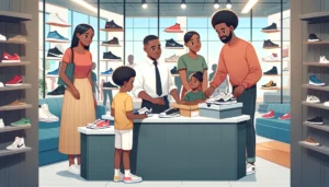 Um operador de loja de tênis está atendendo uma família no balcão
