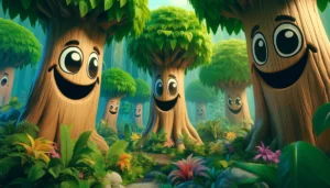 Imagem de árvores sorrindo em uma floresta