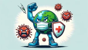 Imagem de um planeta terra de máscara, combatendo a covid-19