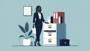 Uma mulher ao lado de um arquivo físico, fazendo a gestão de documentos