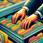 Duas mãos mexendo em uma gaveta de arquivos
