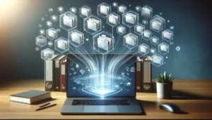 Um notebook com várias pastas virtuais saindo dele, mostrando a gestão de documentos em nuvem