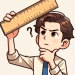 Um desenho de um jovem segurando uma régua com expressão de dúvida