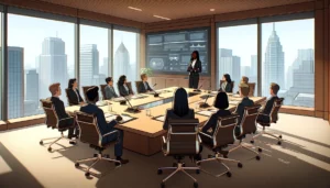 Uma reunião com vários diretores de uma empresa, discutindo o pilar social do ESG