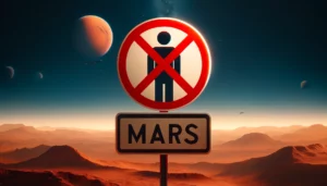 Imagem da superfície do planeta marte e uma placa com um X sobre uma figura humana