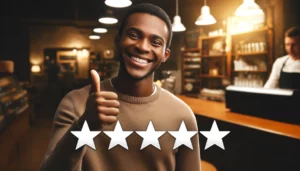 Um cliente feliz, dando joia e atribuindo 5 estrelas a um estabelecimento