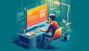 Um jovem está sentado à mesa olhando para uma tela grande de computador e preenchendo o plano de ação 5W2H