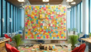Um quadro branco cheio de post-it, em uma sala de reuniões, que foi usada para criar um mapa da empatia