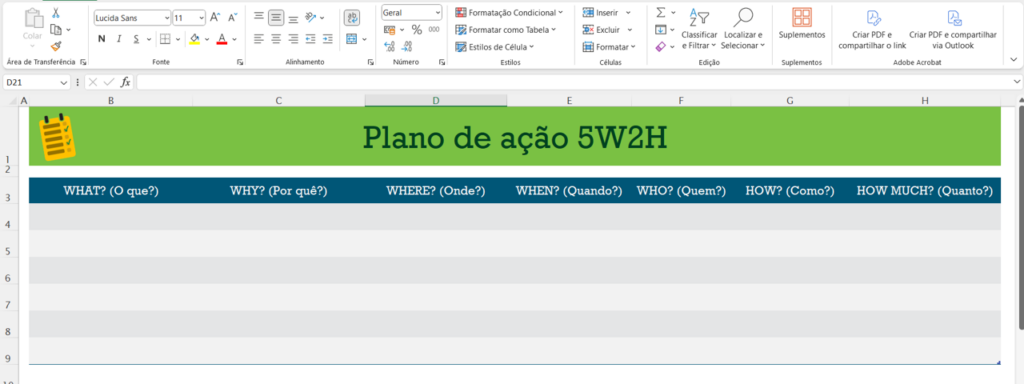Um print do Excel com a ferramenta 5W2H desenhada em forma de planilha colorida.