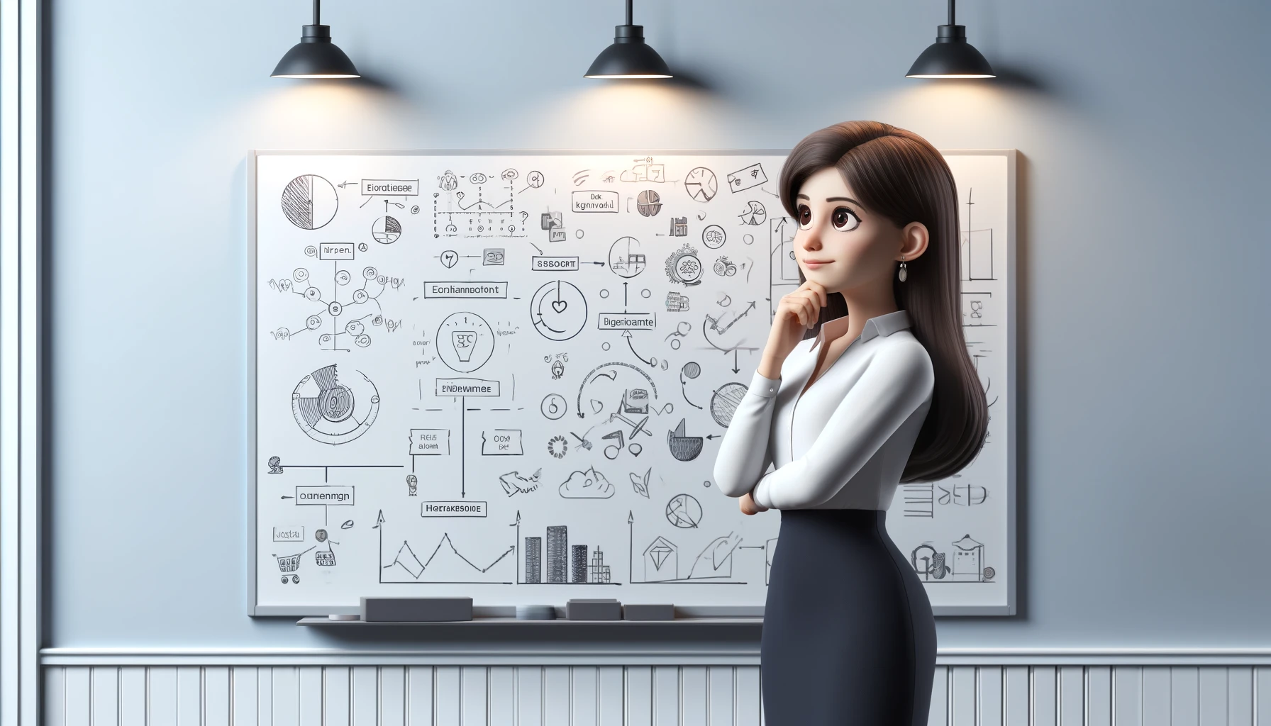 Mulher de cabelo castanho pensando na diferença de MEI e CNPJ diante de um quadro branco com anotações