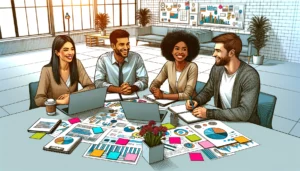 Sala de reuniões com equipe de trabalho conversando sobre estratégias e ideias