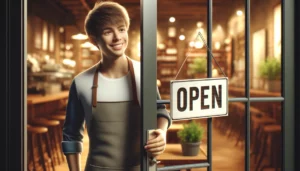 Um jovem trabalhador, vestindo um avental, na porta da sua loja, com uma placa escrita open.