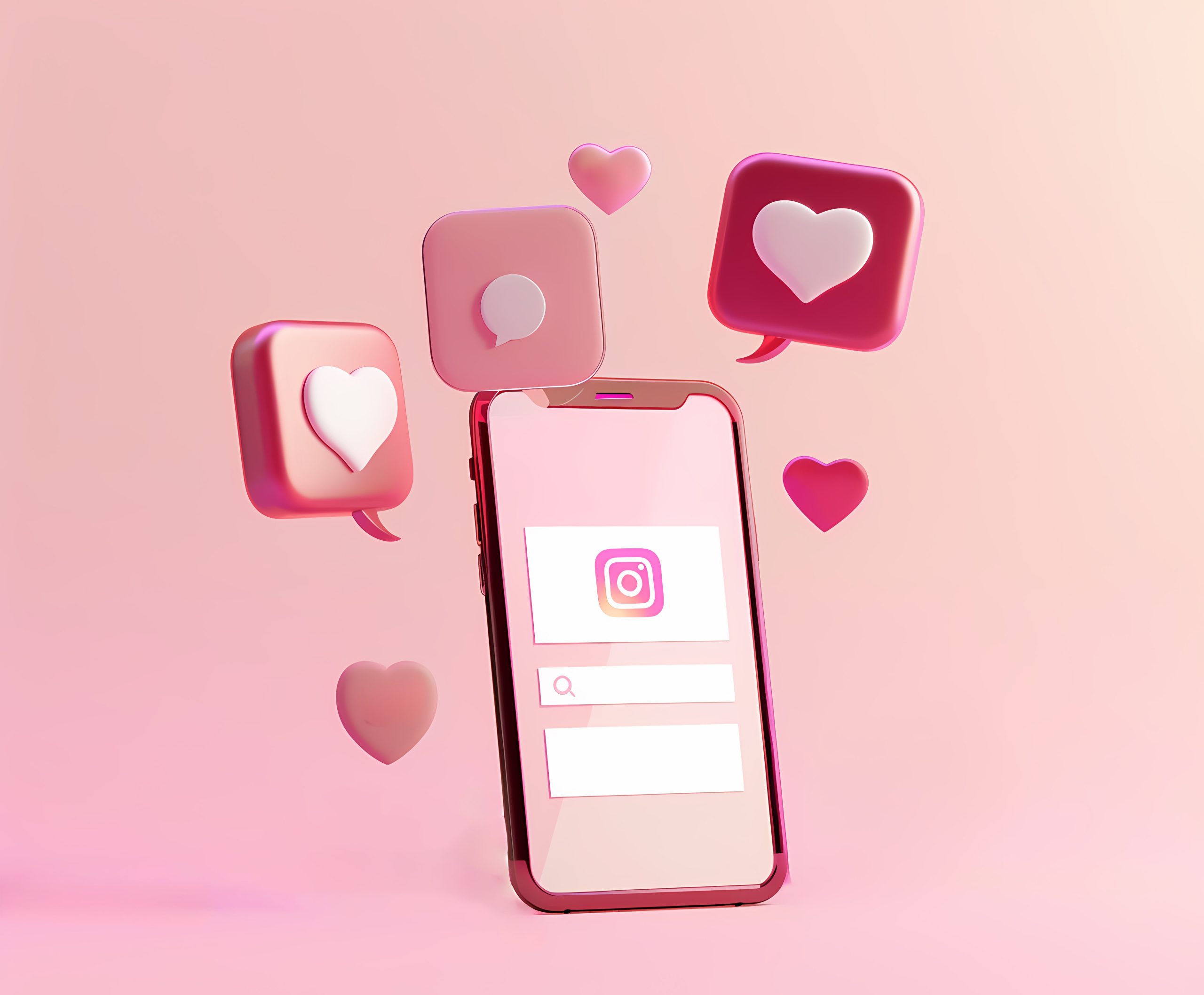 Imagem de celular com logo do Instagram e balões de curtidas e likes. Conceito: posts para Instagram com IA com boa performance.