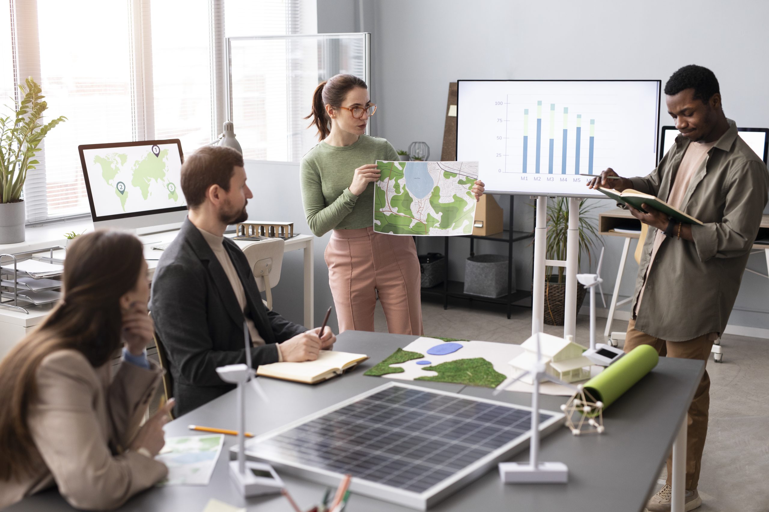 Pessoas reunidas em uma sala apresentando planejamento e estratégia da empresa com base nas 5 forças competitivas de Porter