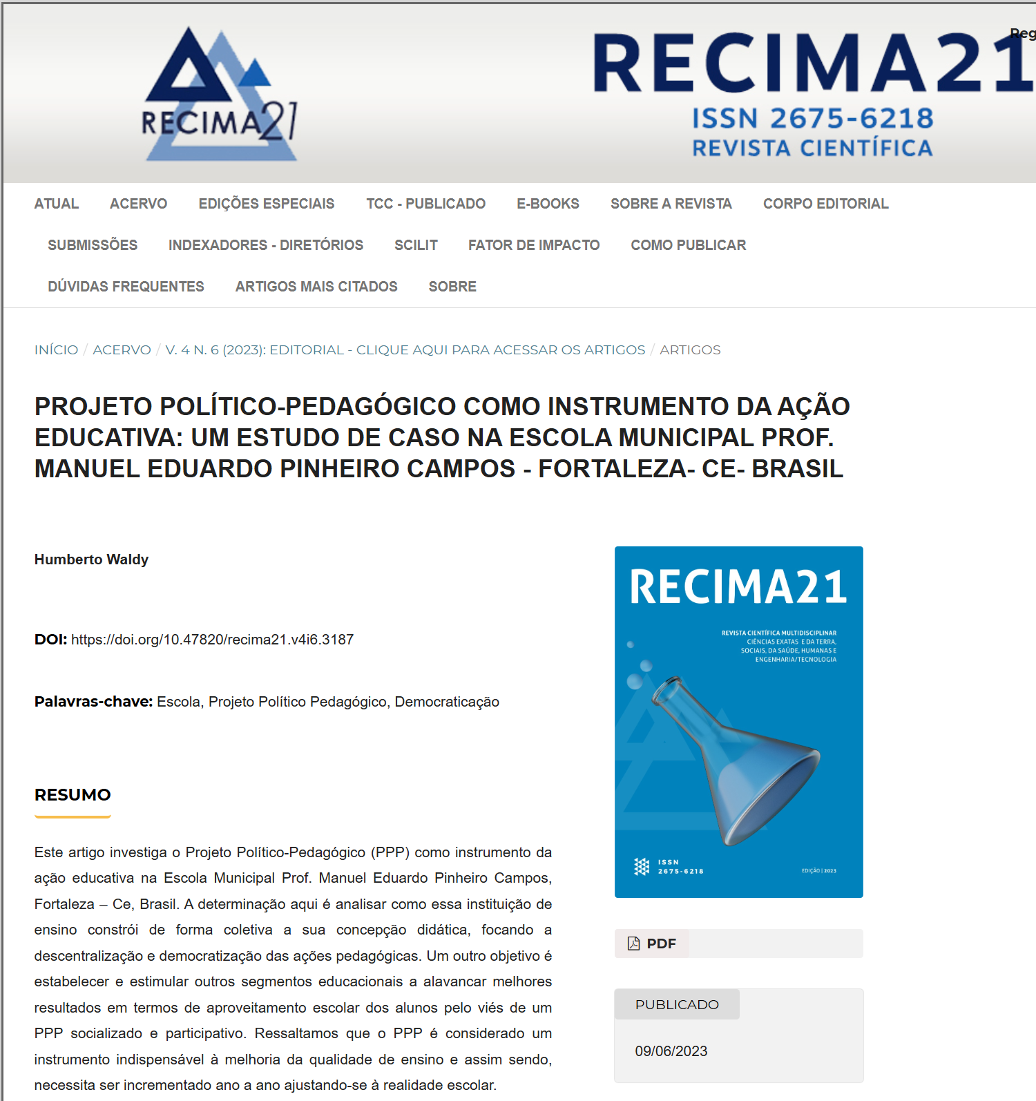 Print de estudo publicado na revista científica Recima 21 sobre Projeto Político-Pedagógico