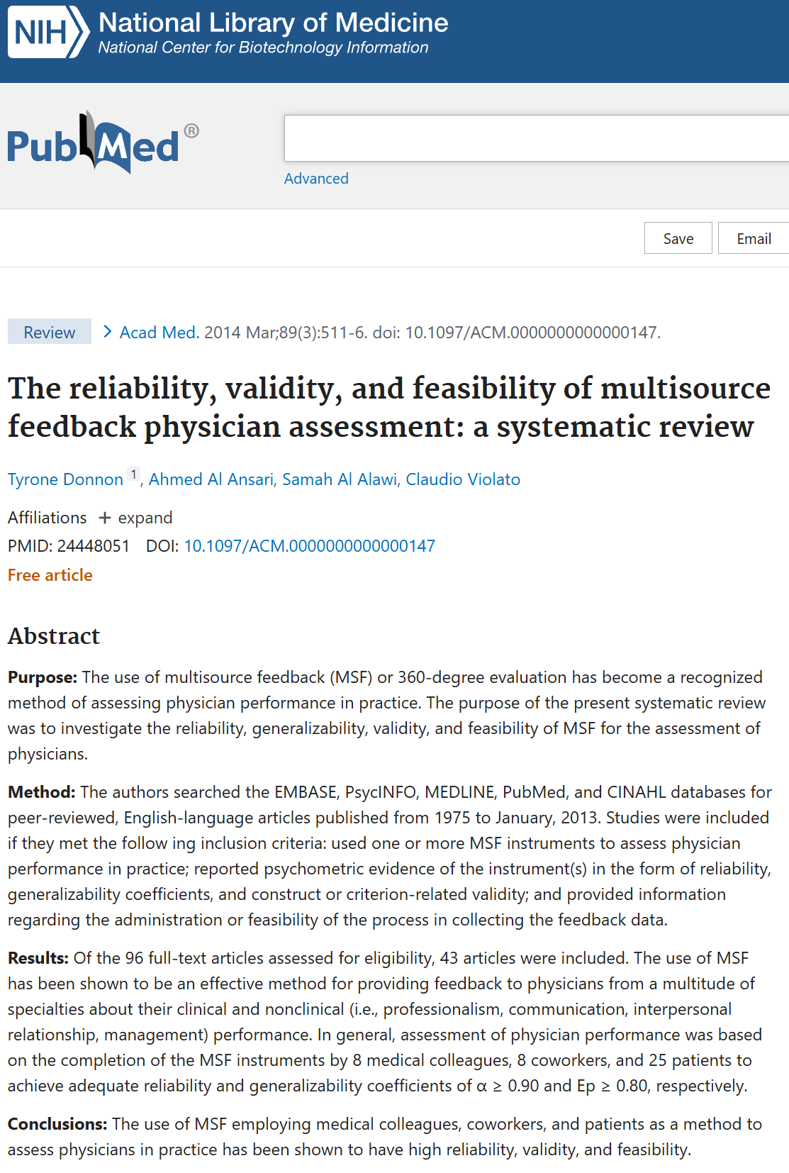 Print do site PubMed com uma pesquisa sobre multisource feedback