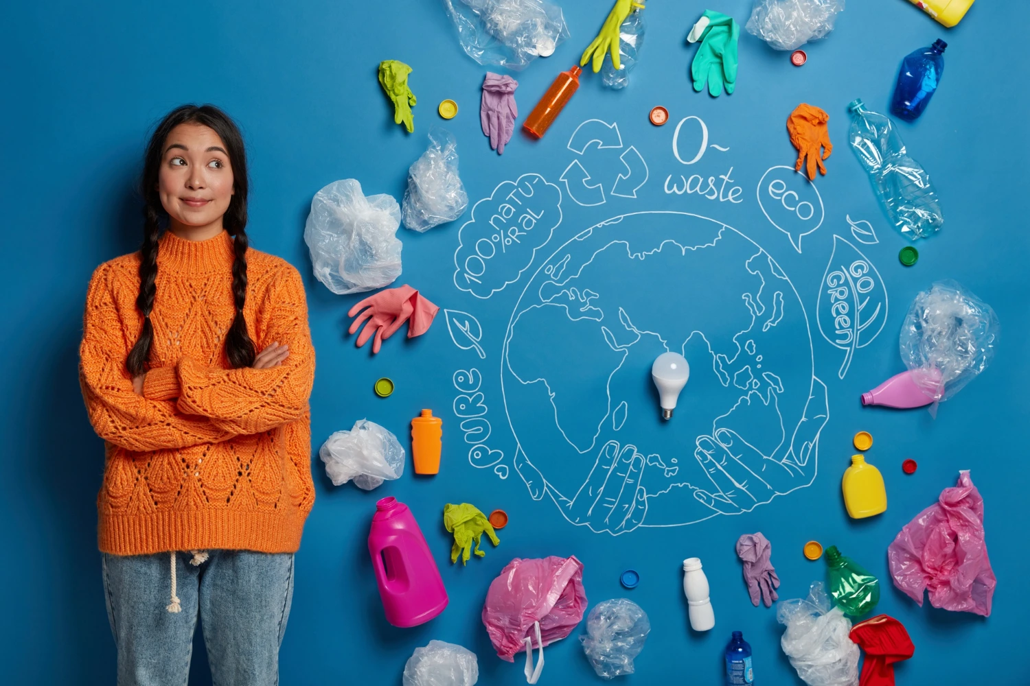Uma menina de braços cruzados e olhando para um desenho do planeta terra e vários itens de reciclagem. Conceito: consumo consciente