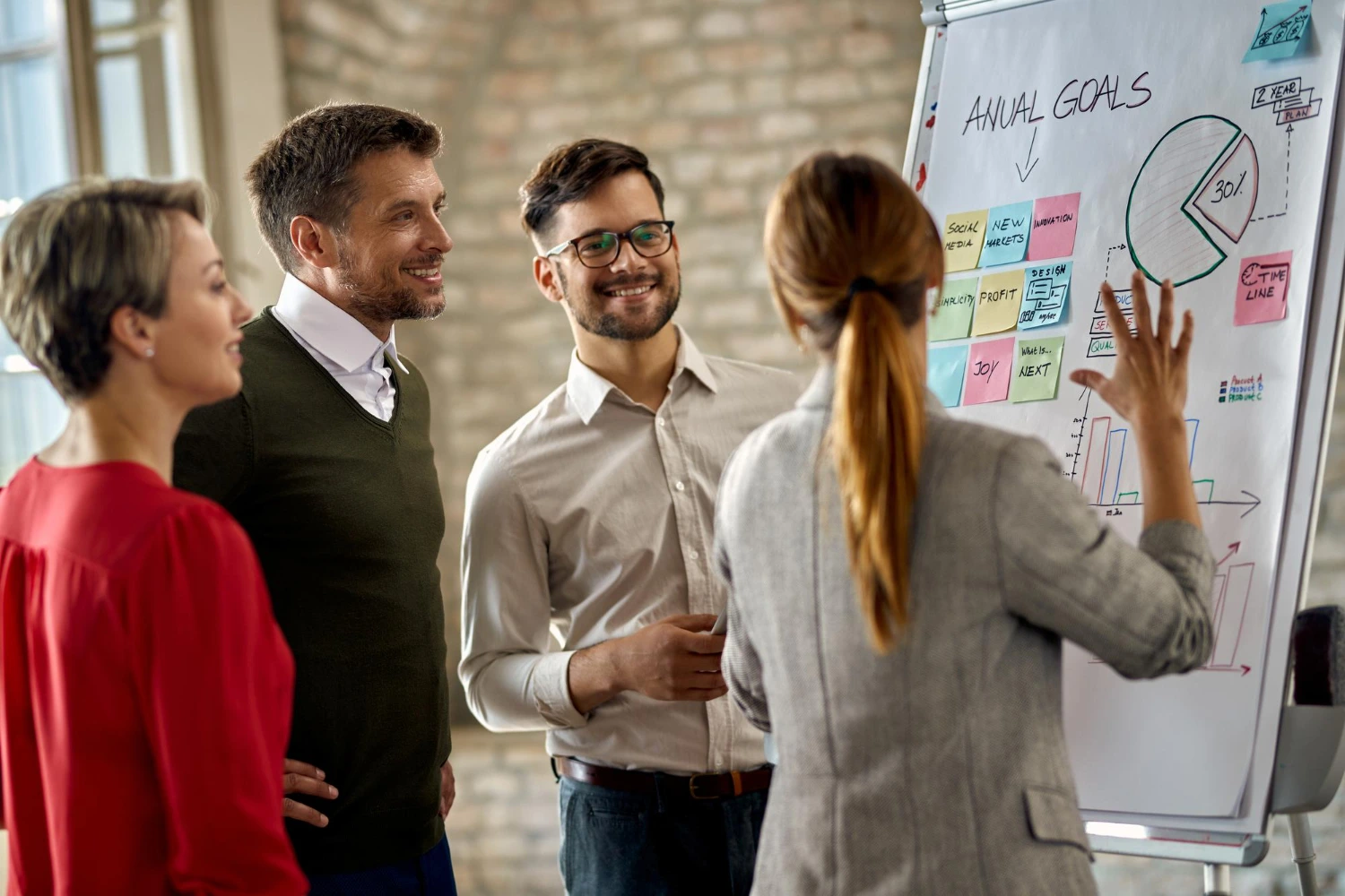 Imagem de uma reunião de equipe com um líder apresentando metas anuais para seus colegas, destacando a importância da colaboração e da liderança eficaz.