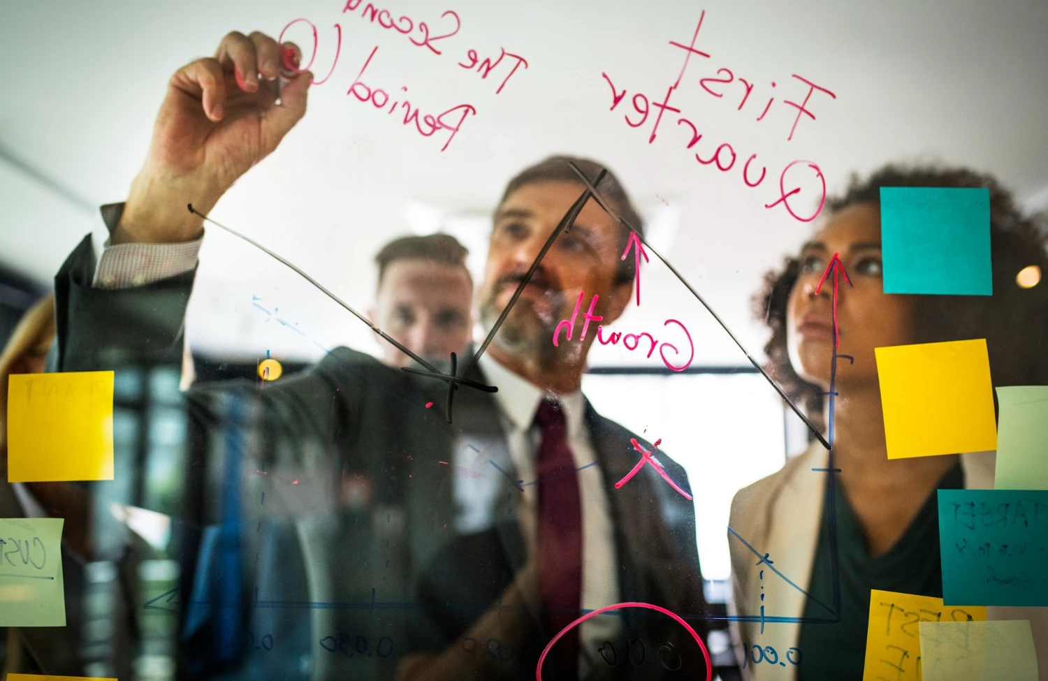 Profissionais analisam gráficos e escrevem em painel de vidro, ilustrando os desafios do empreendedorismo digital na busca por crescimento estratégico.