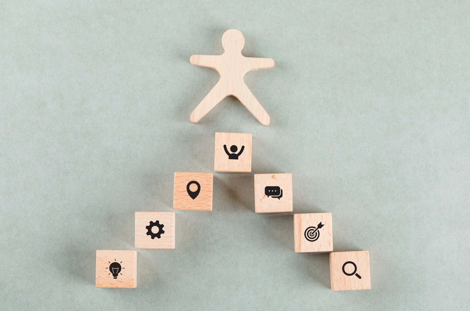 Blocos com ícones de metas, ideias e conquistas formando caminho até figura humana, representando crescimento e tipos de liderança.