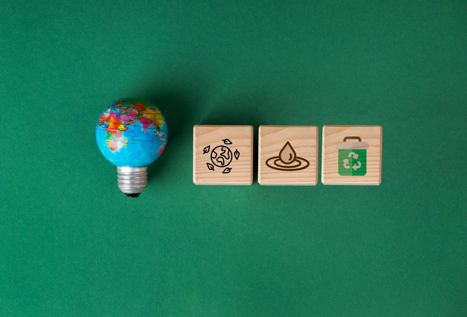 Sobre um fundo verde, há uma lâmpada em forma de globo terrestre ao lado de três blocos de madeira com ícones de sustentabilidade: planeta com folhas, gota de água e símbolo de reciclagem em um cesto de lixo. A imagem simboliza soluções criativas para questões ambientais, reforçando como o futuro das profissões ESG está ligado a práticas inovadoras e responsáveis no cuidado com o planeta.