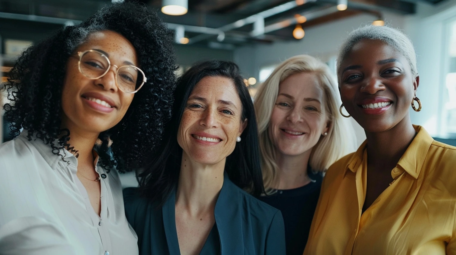 Quatro mulheres de diferentes idades e perfis étnicos sorriem lado a lado em um ambiente corporativo. A diversidade e a liderança feminina refletem práticas de inclusão e equidade, que estão entre as principais tendências ESG no mercado atual, destacando a importância do fator social nas estratégias de negócios.