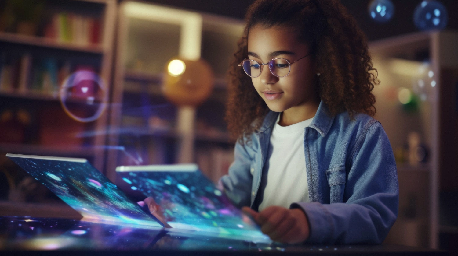 Uma menina com óculos interage com uma tela digital futurista em um ambiente de estudo. O cenário tecnológico evidencia o impacto do ensino digital na formação das novas gerações, unindo inovação e aprendizado de forma imersiva.
