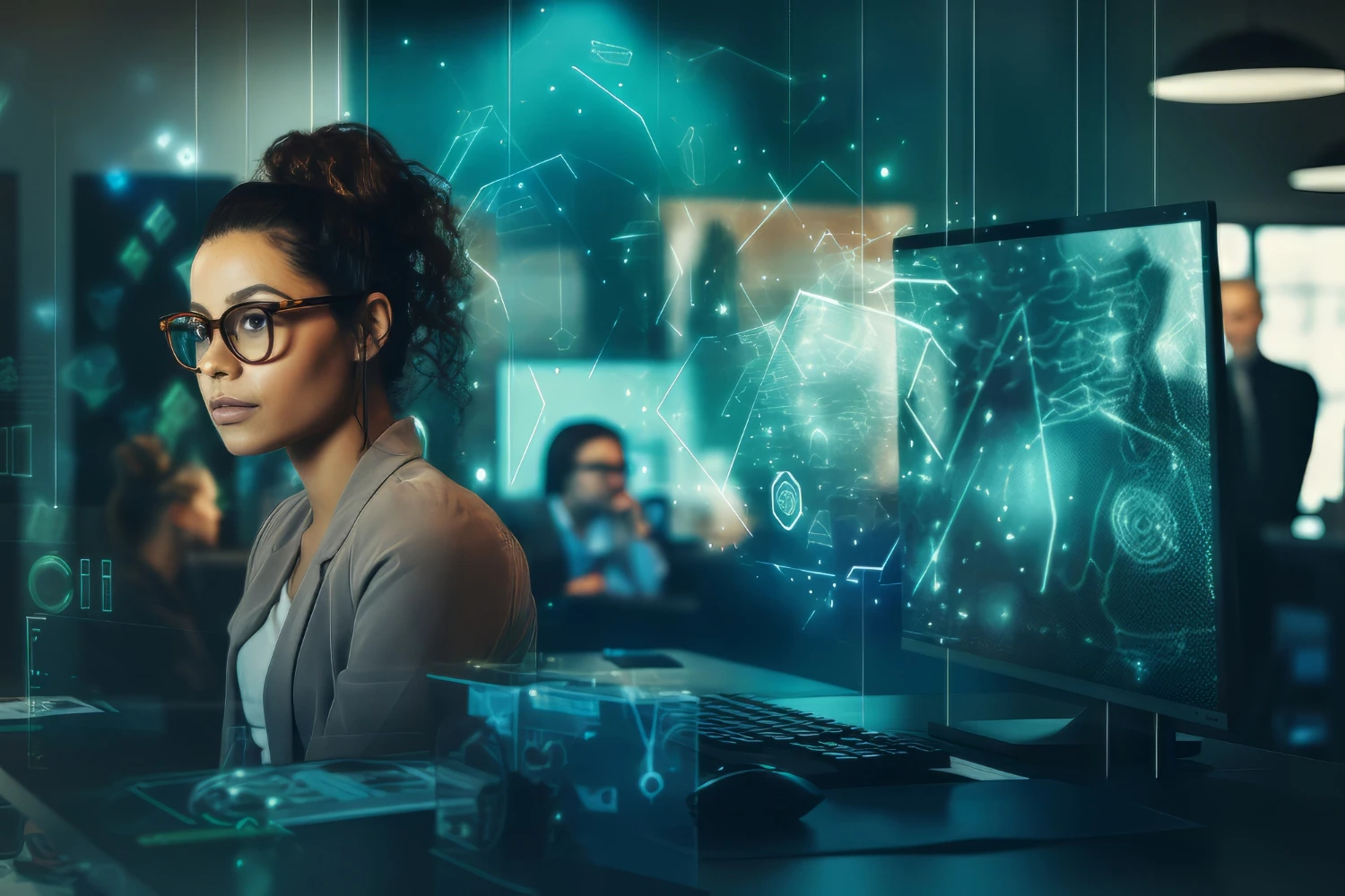 Mulher em ambiente corporativo analisa gráficos digitais flutuantes diante de um computador. A imagem representa o uso da inteligência artificial no trabalho para tomada de decisões, análise de dados e aumento da produtividade em empresas inovadoras.