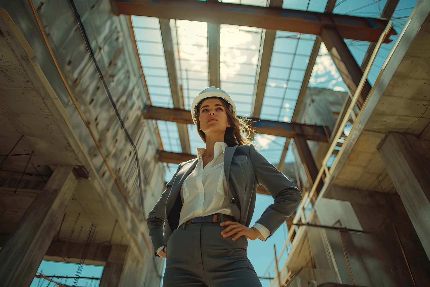 Mulher engenheira em posição de liderança em uma construção, representando habilidades de liderança feminina no setor de engenharia. Imagem produzida por IA.