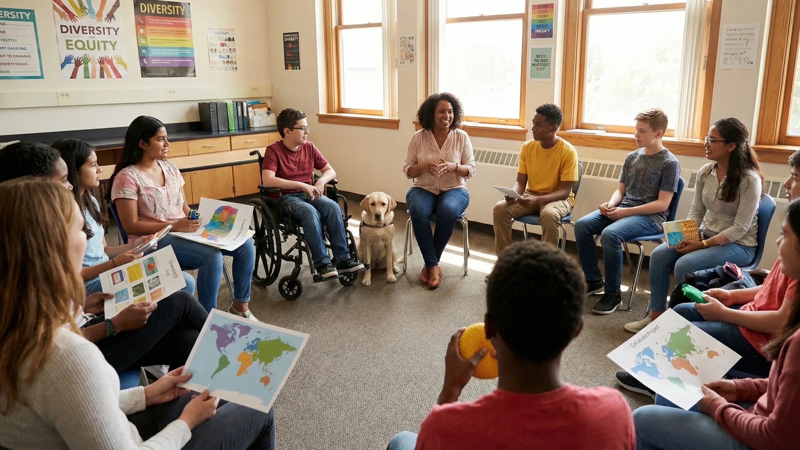 Educadora conduz dinâmica em círculo com alunos diversos, incluindo estudante com deficiência e cão-guia, evidenciando o papel da educação na inclusão social e na convivência. Imagem gerada por IA.