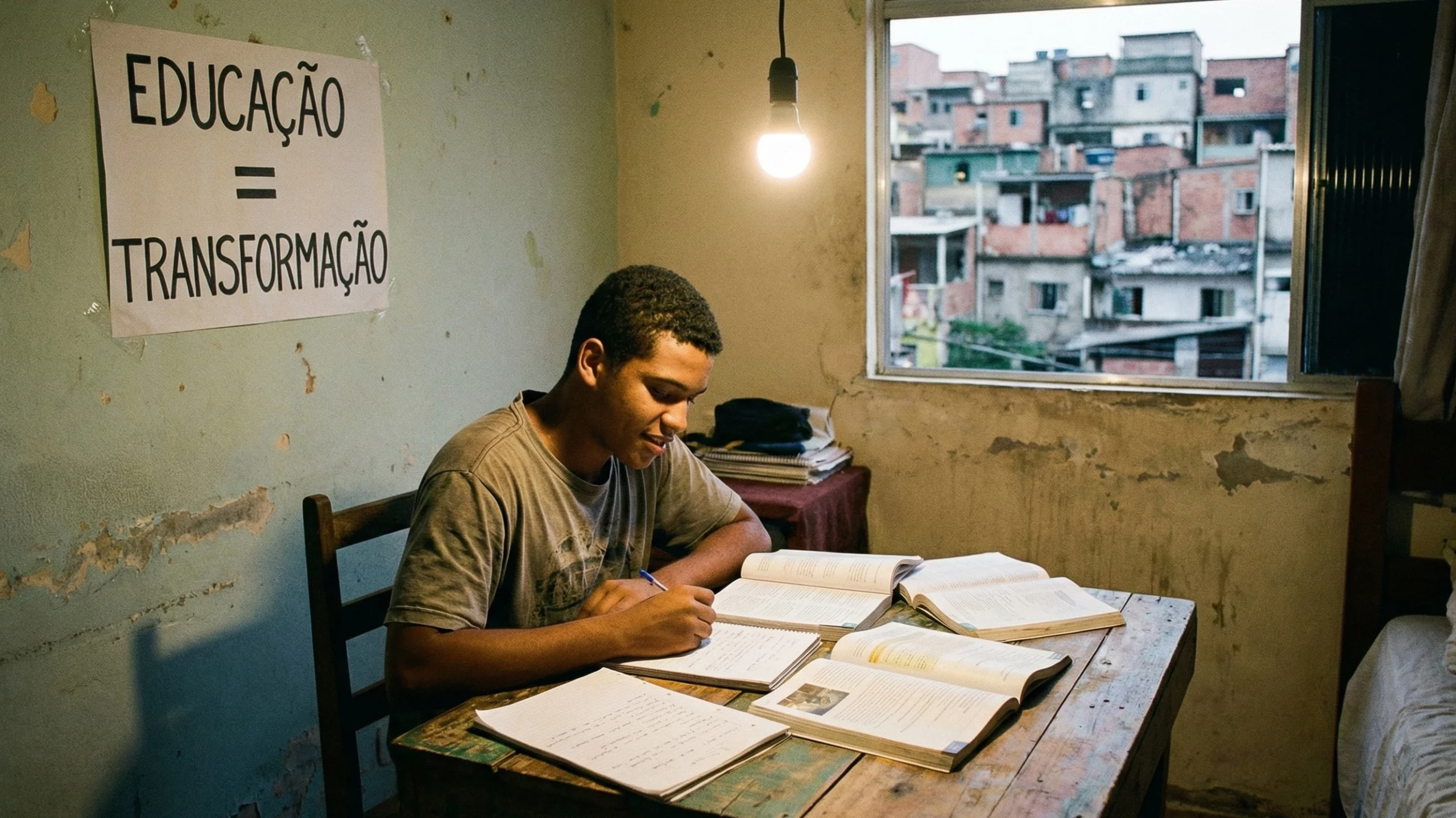 Jovem estudante estuda em ambiente simples, simbolizando como o papel da educação na inclusão social promove oportunidades e transformação de realidades. Imagem gerada por IA.
