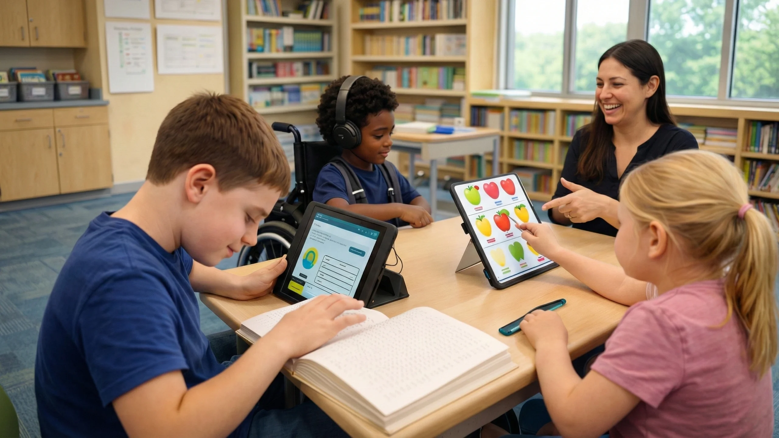 Atividade pedagógica com uso de braile, tablets, recursos visuais e intérprete de Libras, mostrando na prática o papel da educação na inclusão social. Imagem gerada por IA.