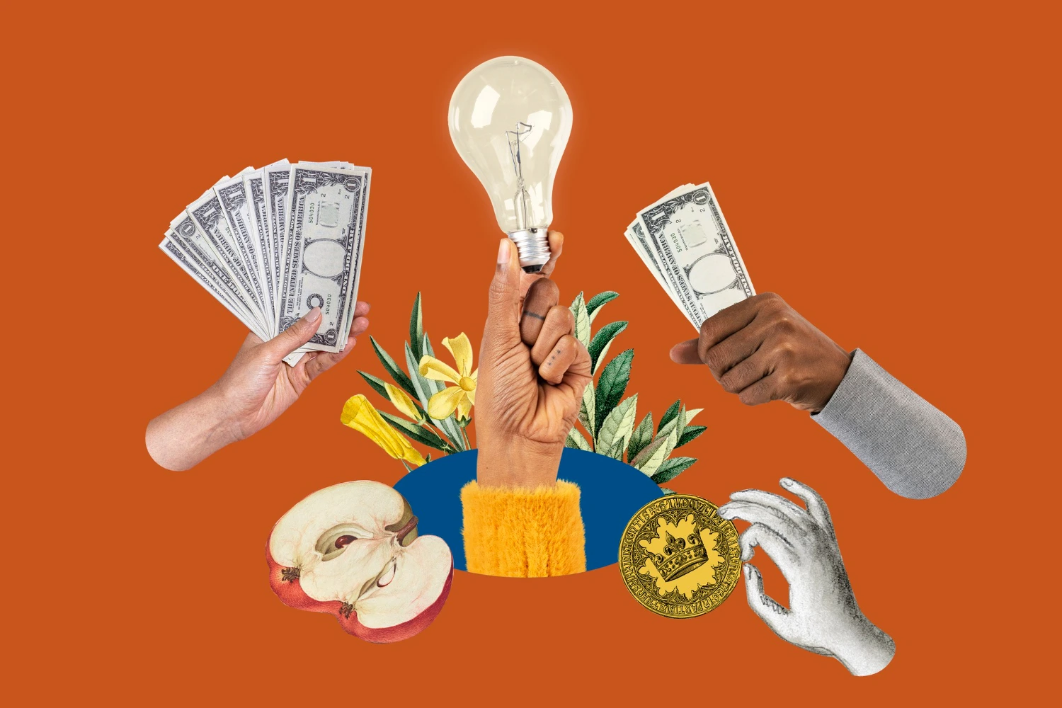 Colagem com mãos segurando dinheiro, lâmpada e símbolos culturais ilustra a conexão entre criatividade, valor econômico e geração de renda na economia criativa.